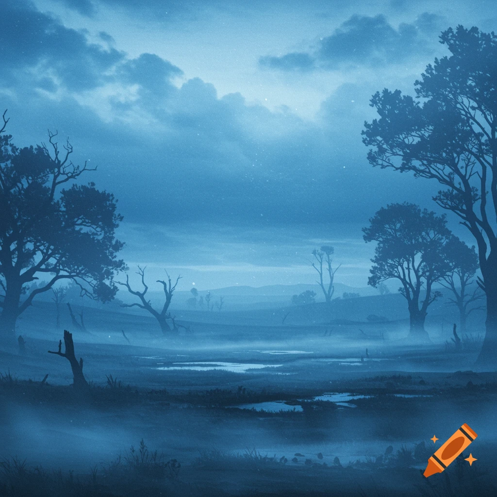 A misty, blue-tinted landscape with trees, water puddles, and a cloudy sky, evoking an eerie atmosphere.