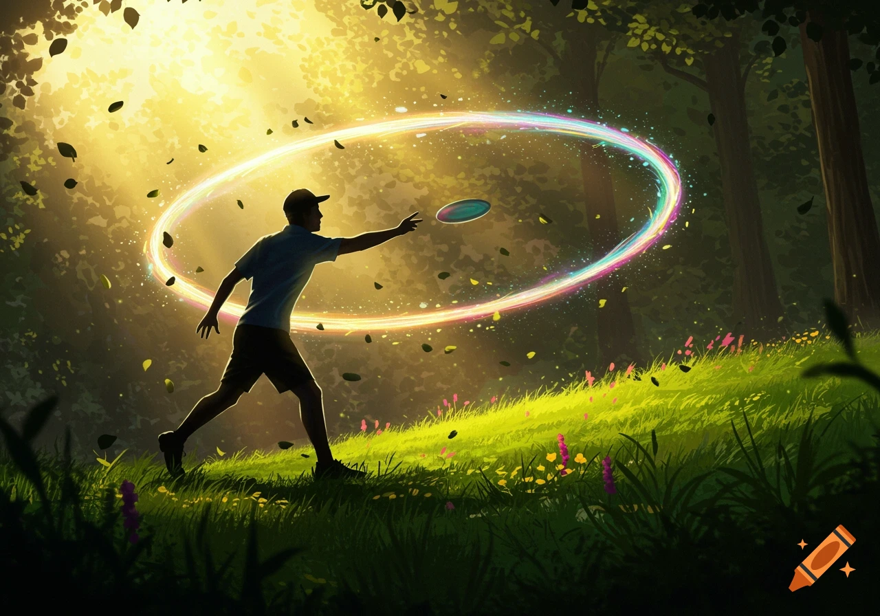 A silhouetted man throws a glowing, colorful disc in a sunlit, stylized forest with falling leaves.