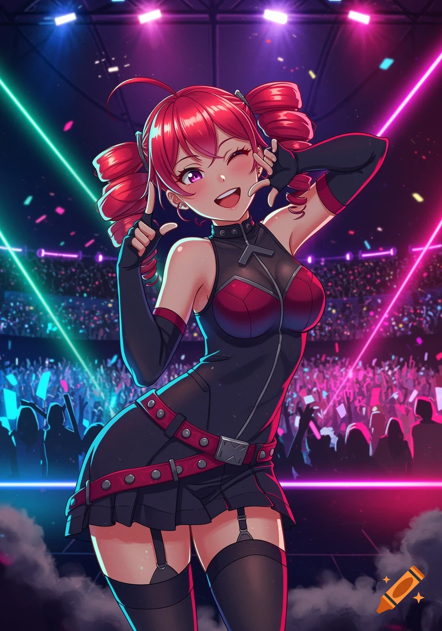Anime-style character with red pigtails and a dark outfit winks and poses on stage with neon lights and a cheering crowd.