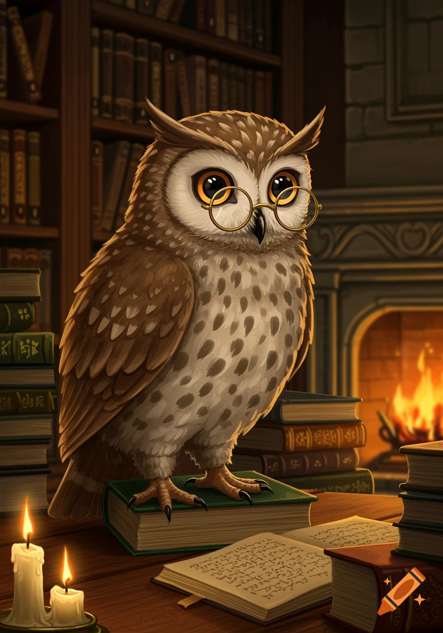 A wise-looking owl wearing spectacles stands on a book in a dimly lit library with a fireplace and lit candles.