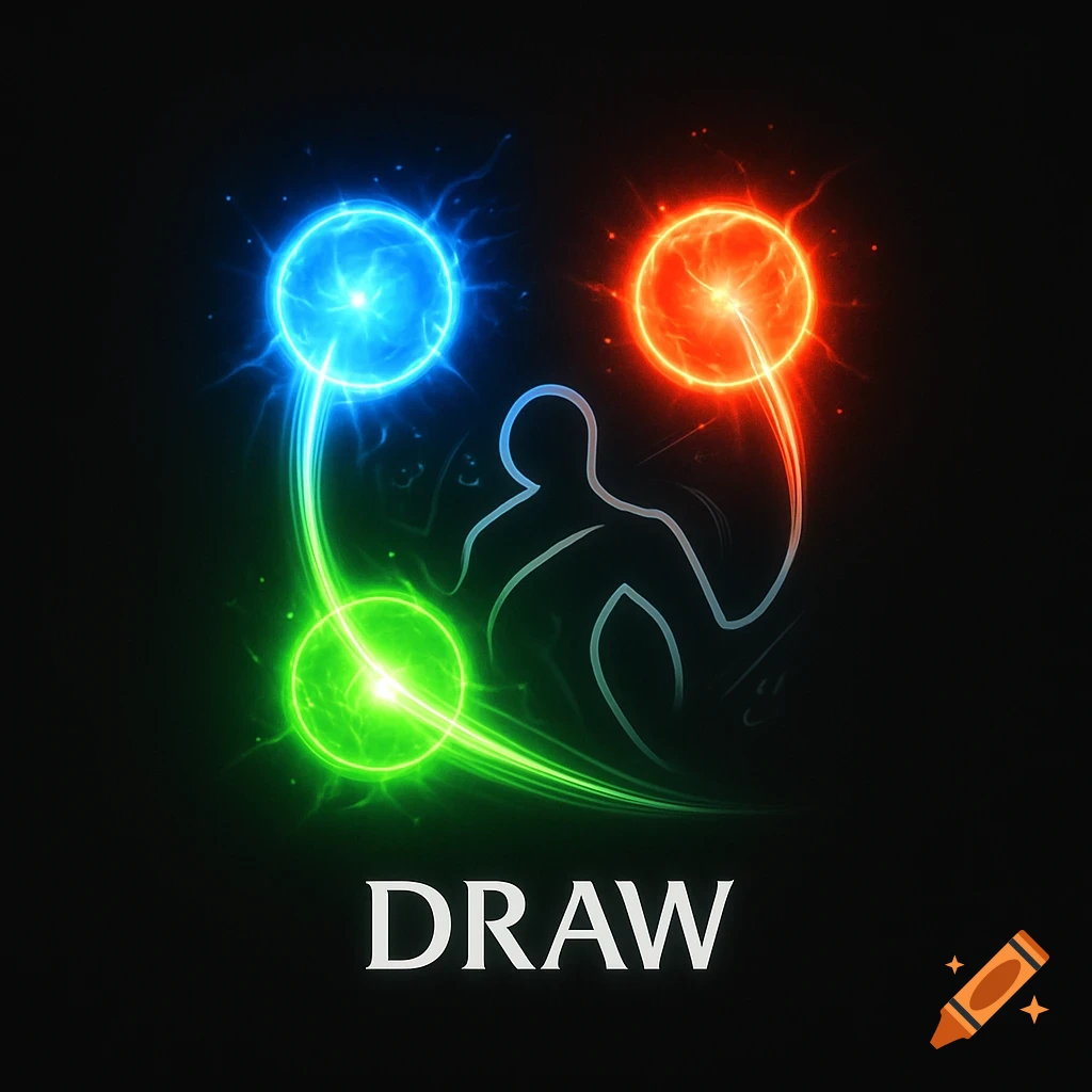 A dynamic logo featuring three glowing energy balls in blue, red, and green, connected by light trails to a central stylized silhouette of a person, with the word "DRAW" below.