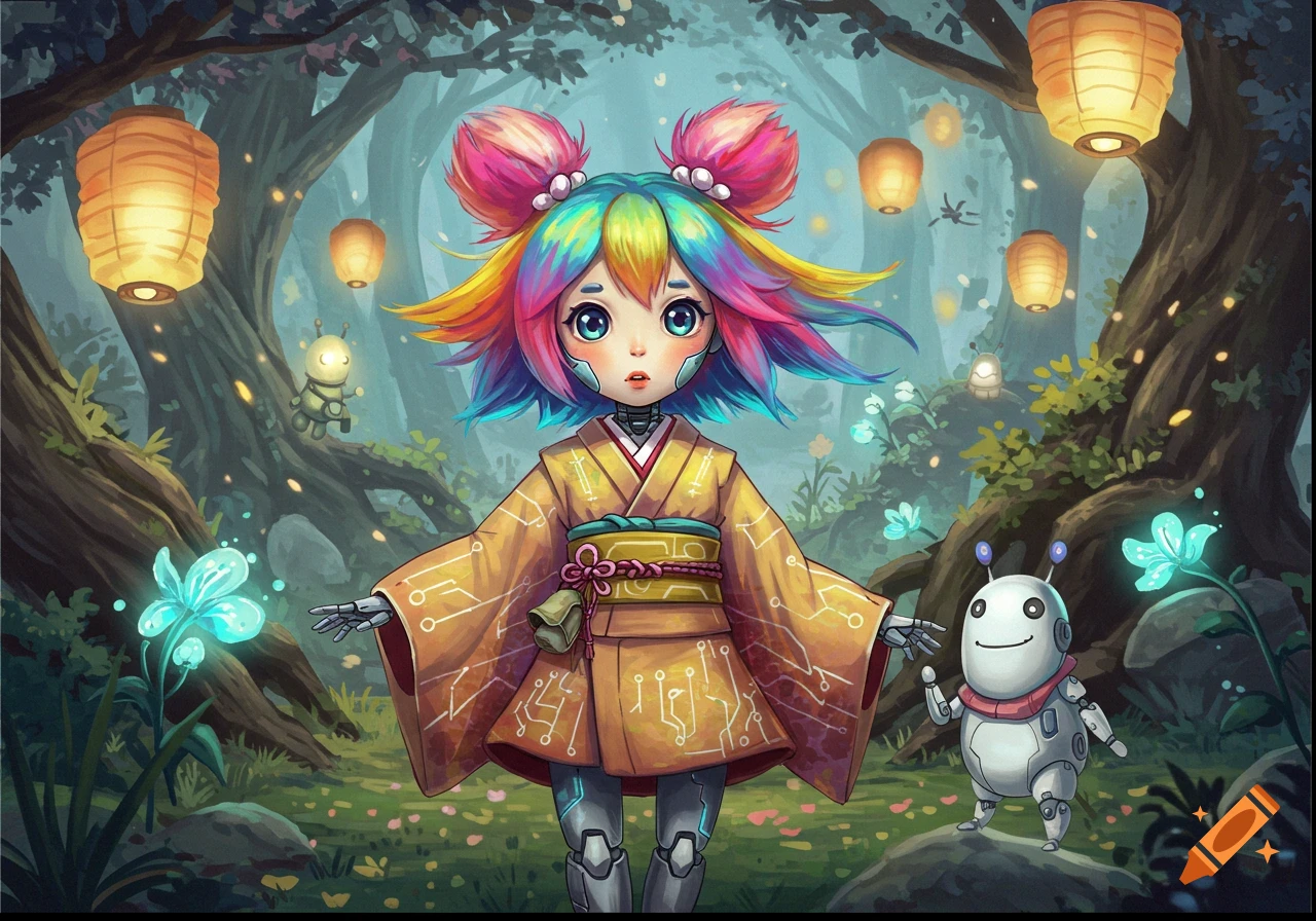 A colorful anime-style robot girl in a kimono stands in a magical forest with glowing flowers, lanterns, and small robots.