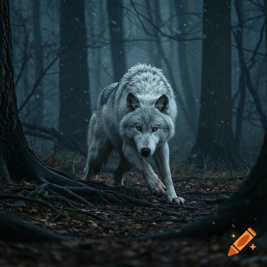 A photorealistic grey wolf with piercing blue eyes stares forward, low to the ground in a dark, snowy forest.