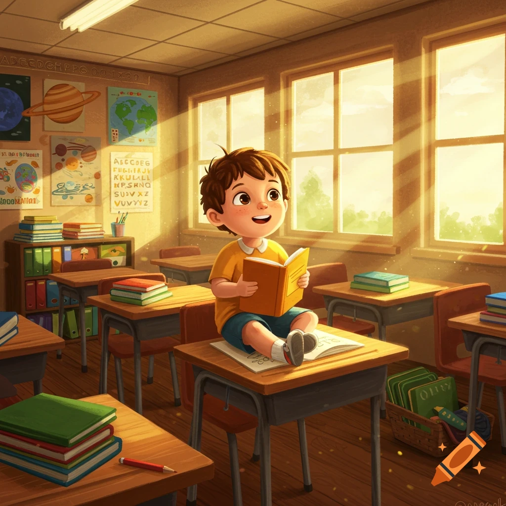 A happy cartoon child sits on a desk in a sunny classroom, engrossed in reading a book.