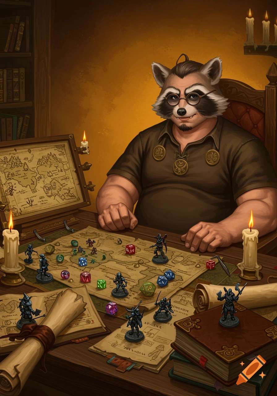 An anthropomorphic raccoon wearing glasses sits at a wooden table, playing a tabletop role-playing game with miniatures, dice, and maps spread out.