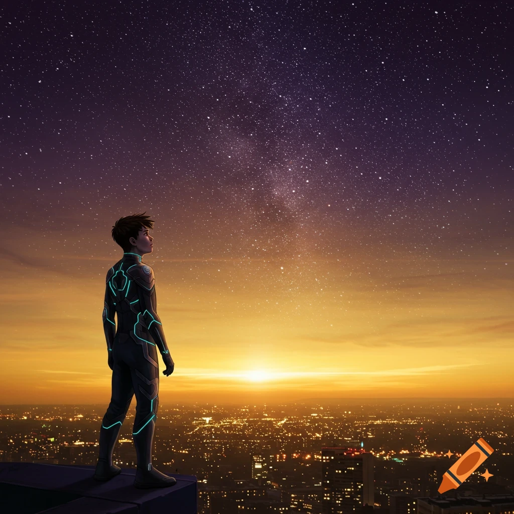 Young boy in a glowing futuristic suit stands on a rooftop, gazing at a starry sky over a city at sunset.