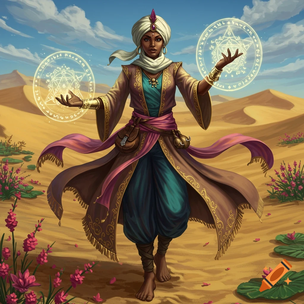 A female witch in a turban and robes casts a spell, holding glowing magical circles in a desert landscape.
