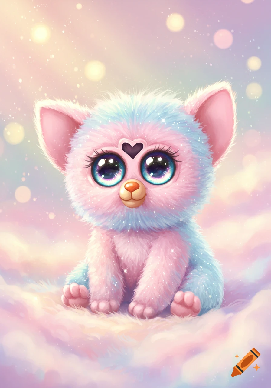A cute, fluffy creature with pink and blue fur, large sparkling blue eyes, and a heart-shaped nose, sitting in a soft, pastel-colored, dreamy setting with bokeh lights.