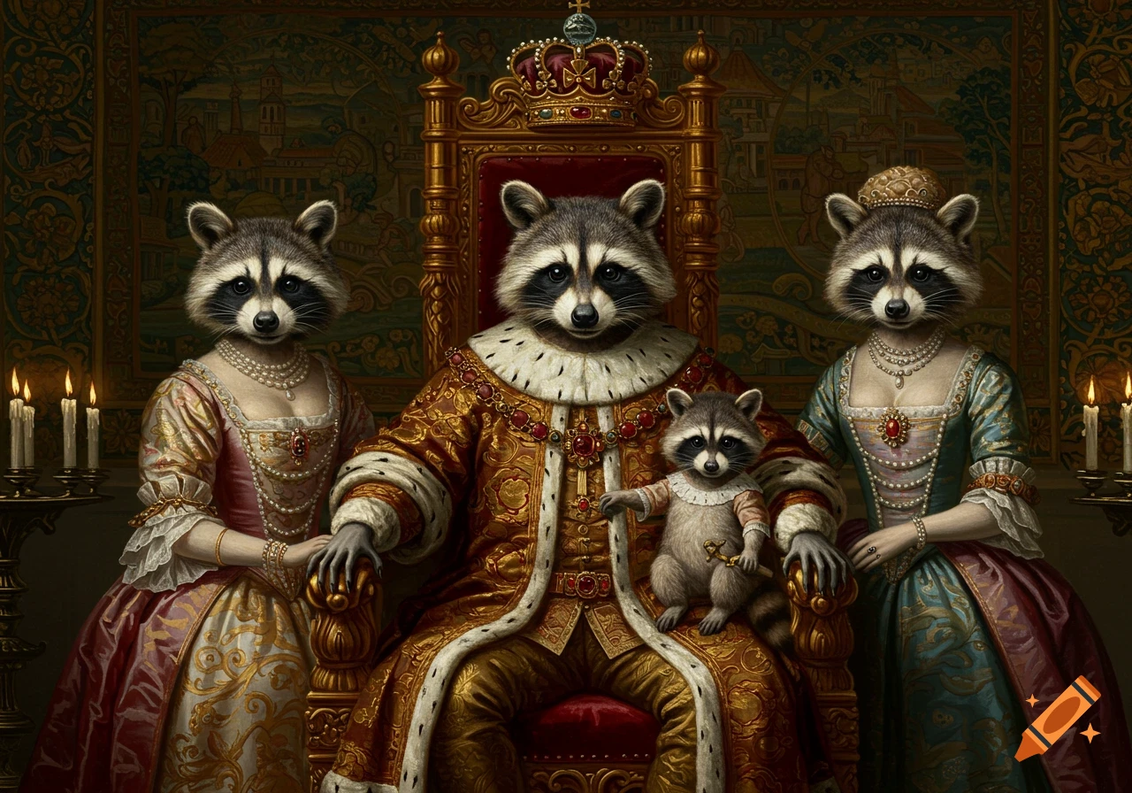 A 17th-century oil painting depicting a family of raccoons dressed in elaborate royal attire.