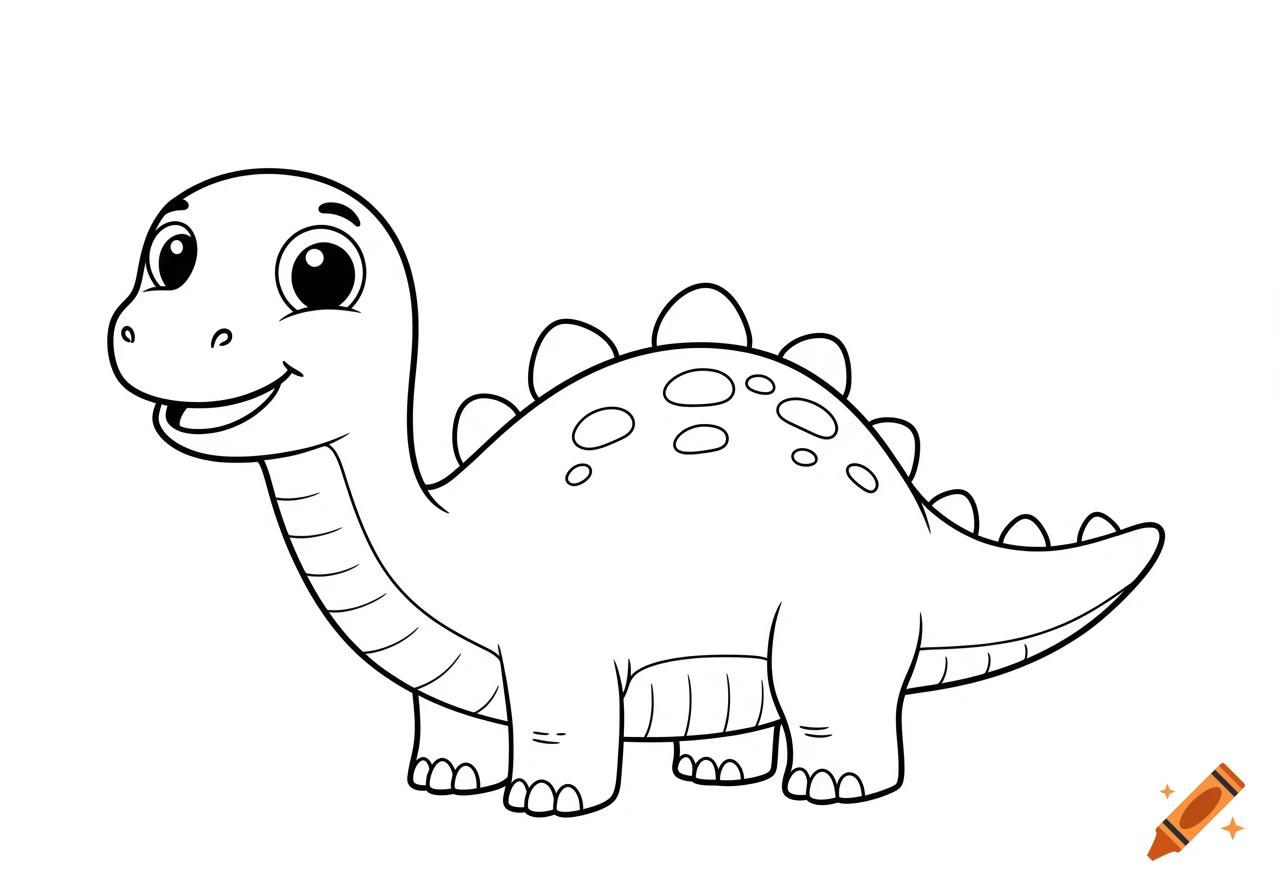A simple black and white line drawing of a friendly cartoon dinosaur, perfect for a coloring page.