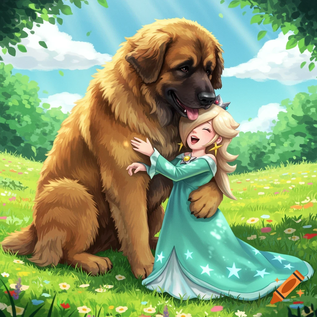 A large brown Leonberger dog is sitting in a sunny green field, being hugged by Rosalina from the Mario series, who is laughing happily.
