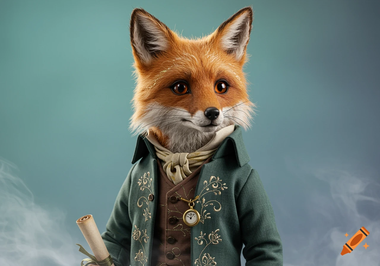 Photorealistic anthropomorphic fox figurine in a green vintage suit and cravat, holding a scroll, against a teal background.