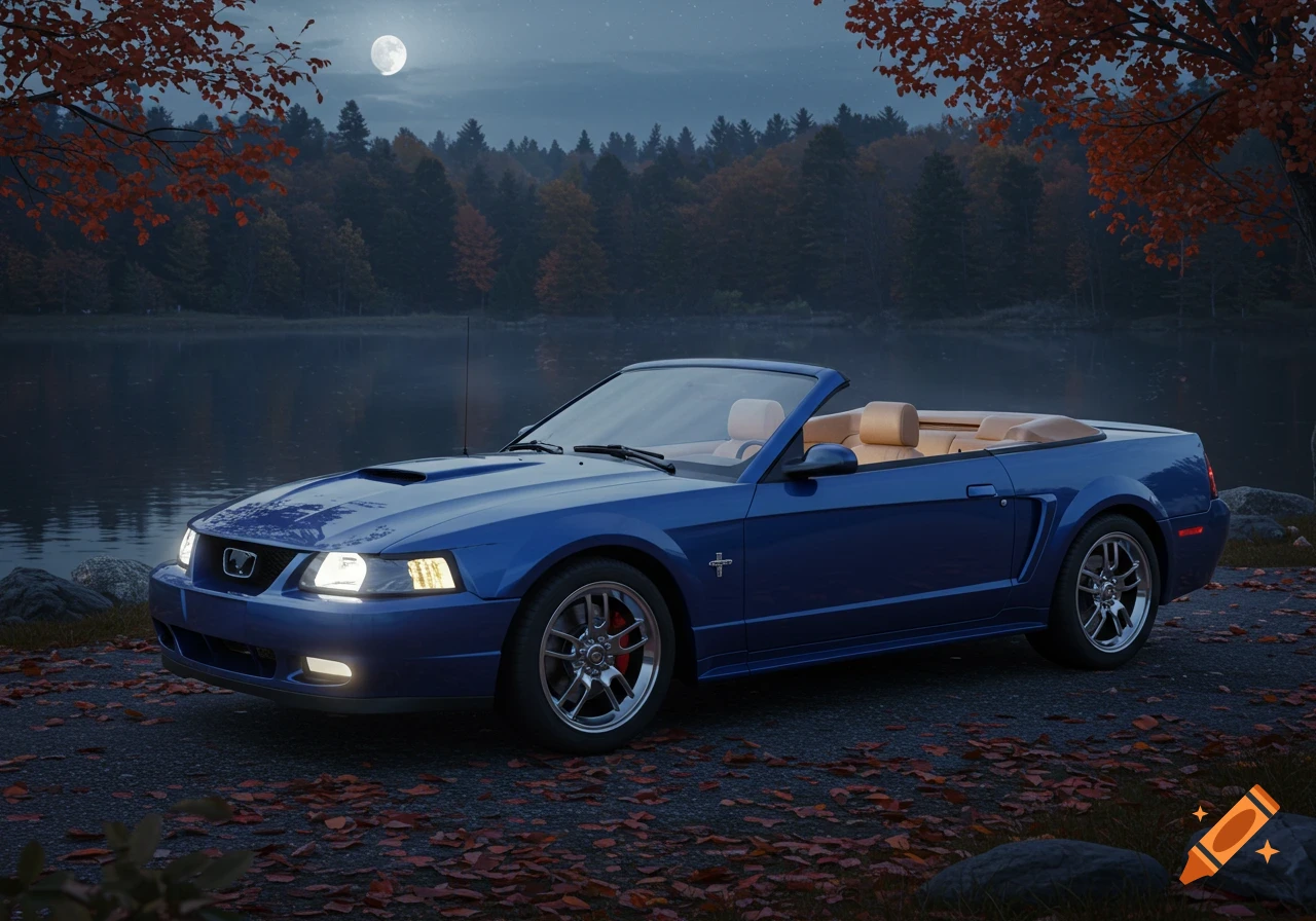 A blue 2004 convertible Mustang with tan interior parked by a lake with autumn leaves at night.