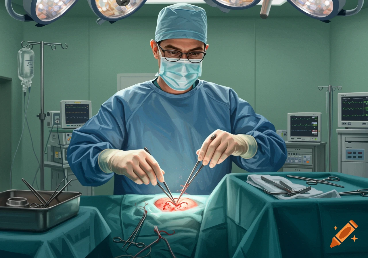 A surgeon in scrubs and mask performs a bowel resection in an operating room, surrounded by medical equipment. Illustrated style.