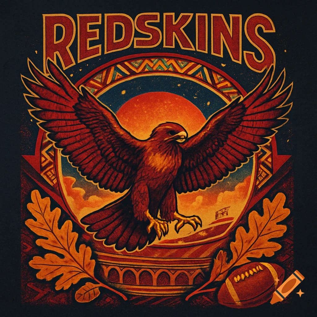 Vintage-style graphic of a red eagle, stadium, oak leaves, and football, with 'REDSKINS' text above.