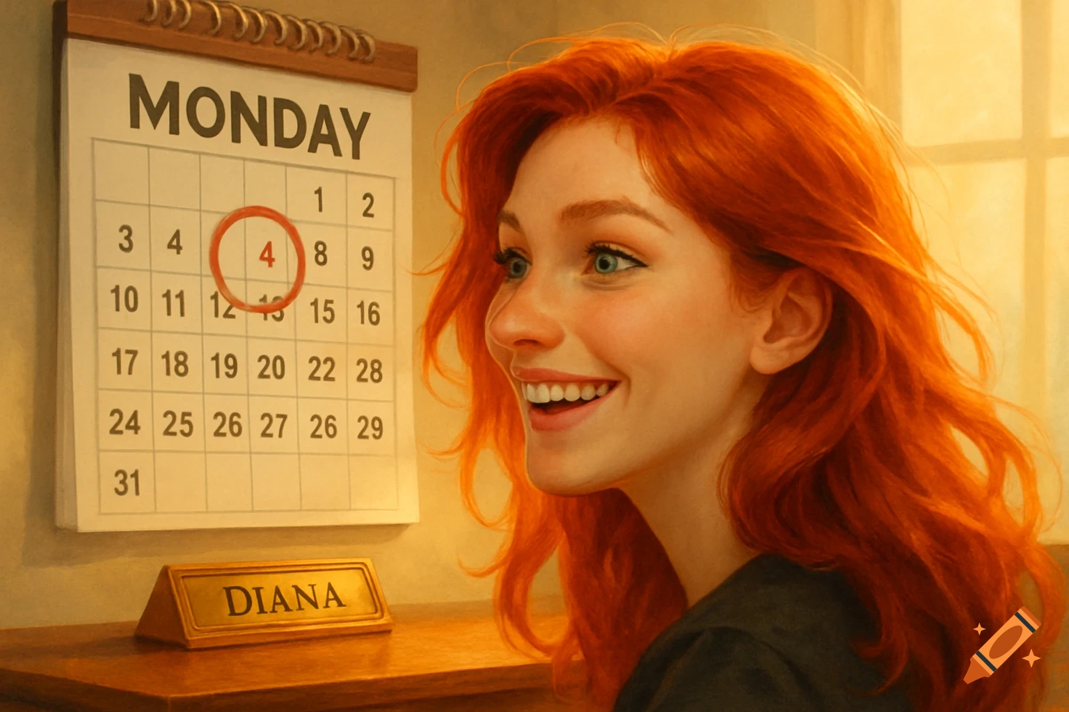 Smiling red-haired woman looking at a calendar with 'MONDAY' and '4' circled, a 'DIANA' nameplate nearby.