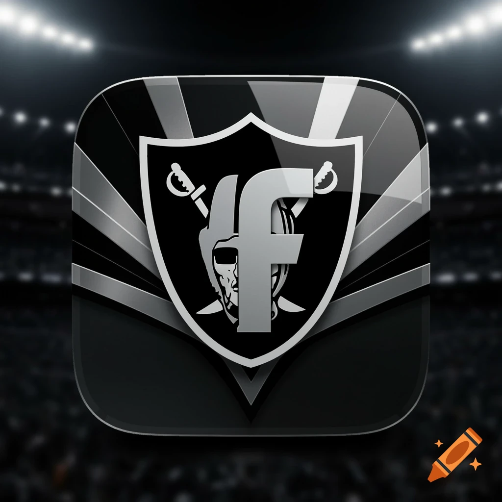 Glossy black and silver app icon with an 'f' and crossed cutlasses in a shield, resembling a football team logo, against a stadium background.