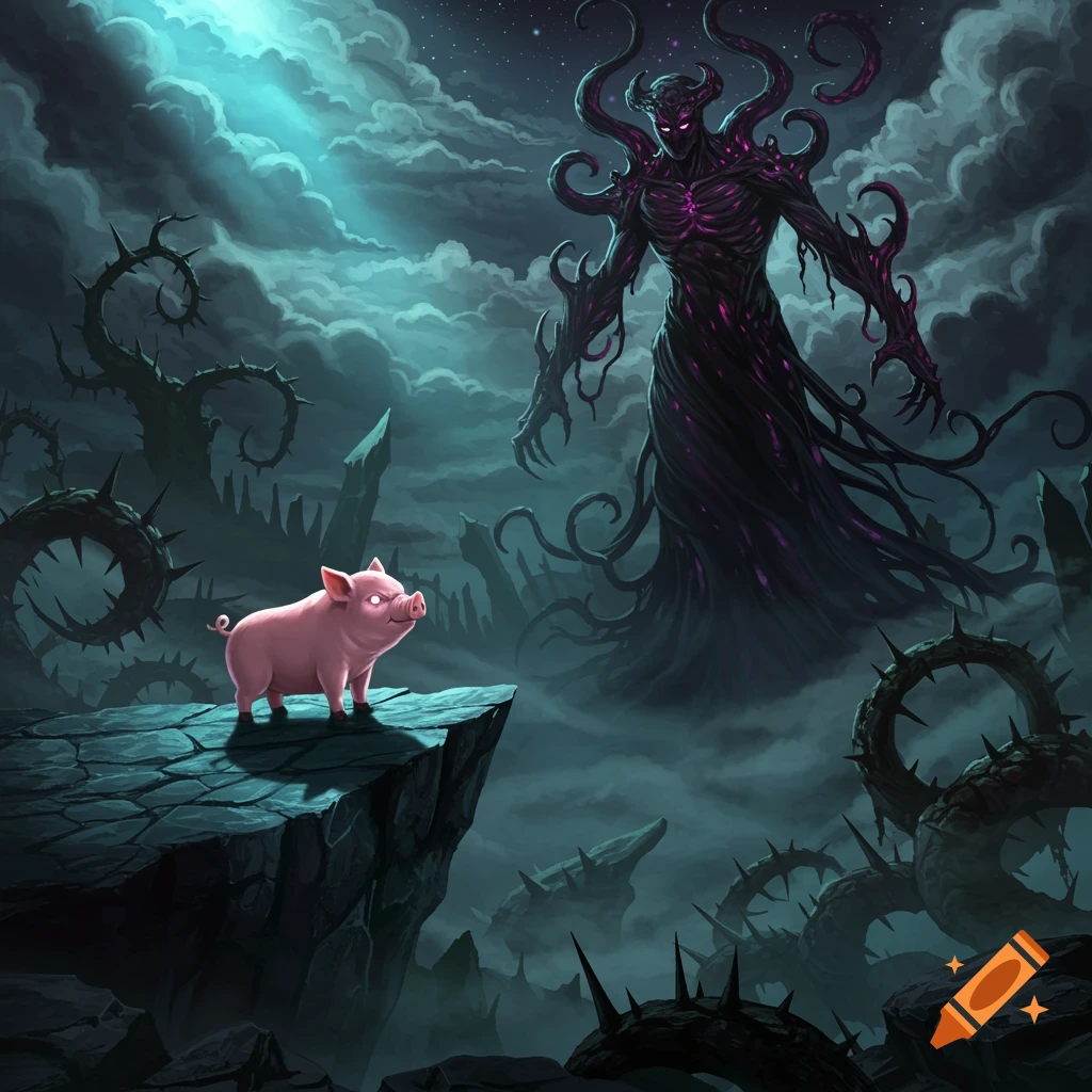 A glowing-eyed pink pig on a cliff faces a shadowy, tentacled monster under a stormy sky in a dark fantasy illustration.