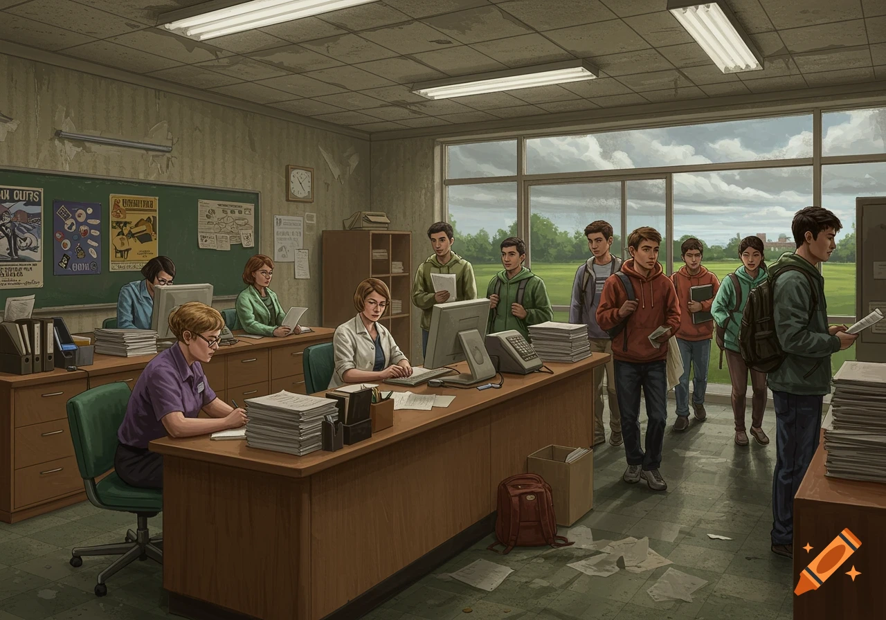An illustration of college employees working at the front desk of a rundown administration office, with students lined up.