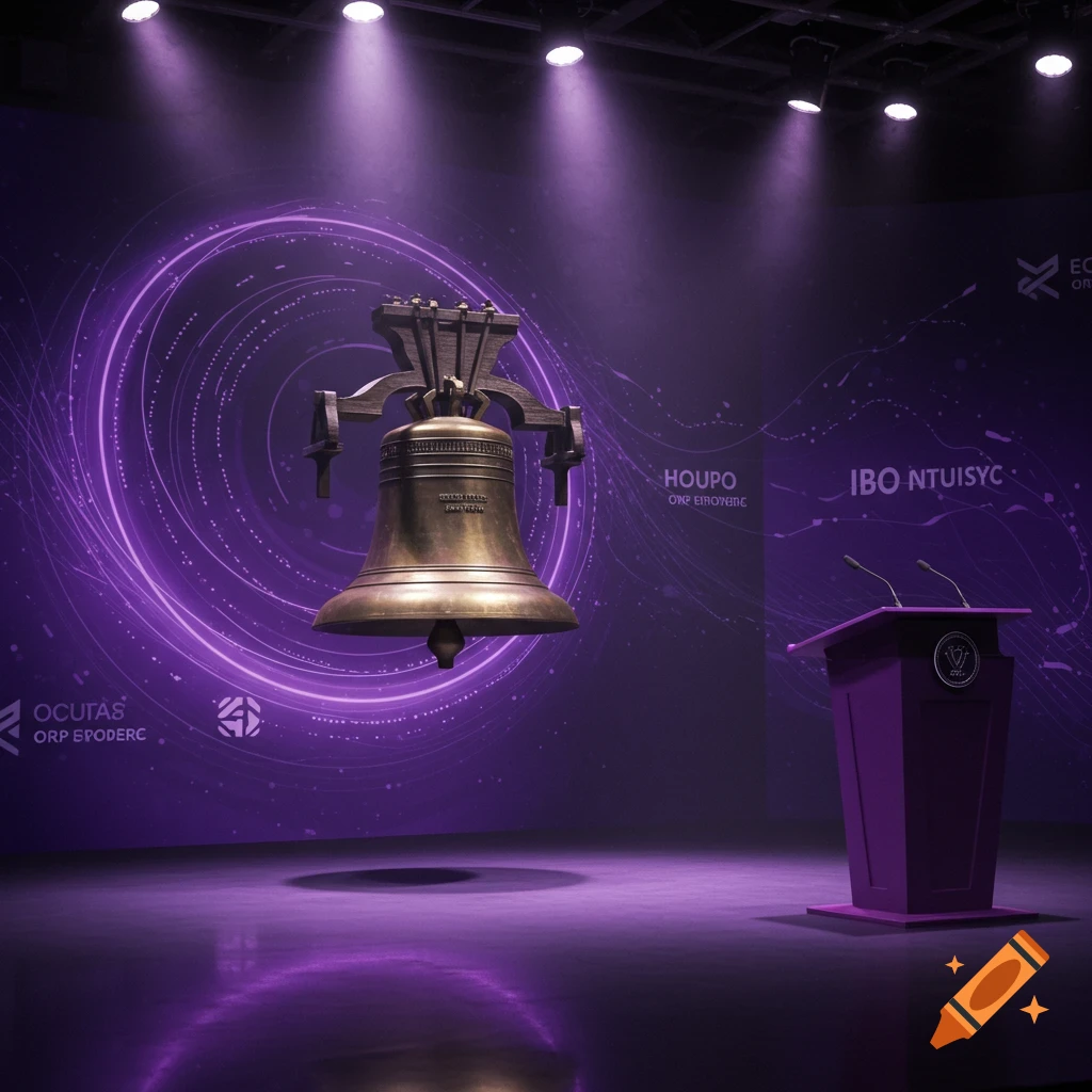 A large golden bell floats on a purple stage with a podium and microphones, lit by spotlights.