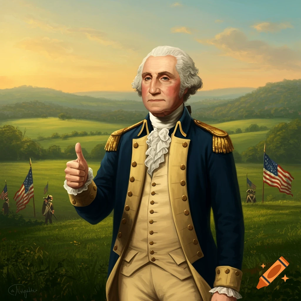 Illustrated portrait of George Washington in uniform giving a thumbs up in a green field at sunset.