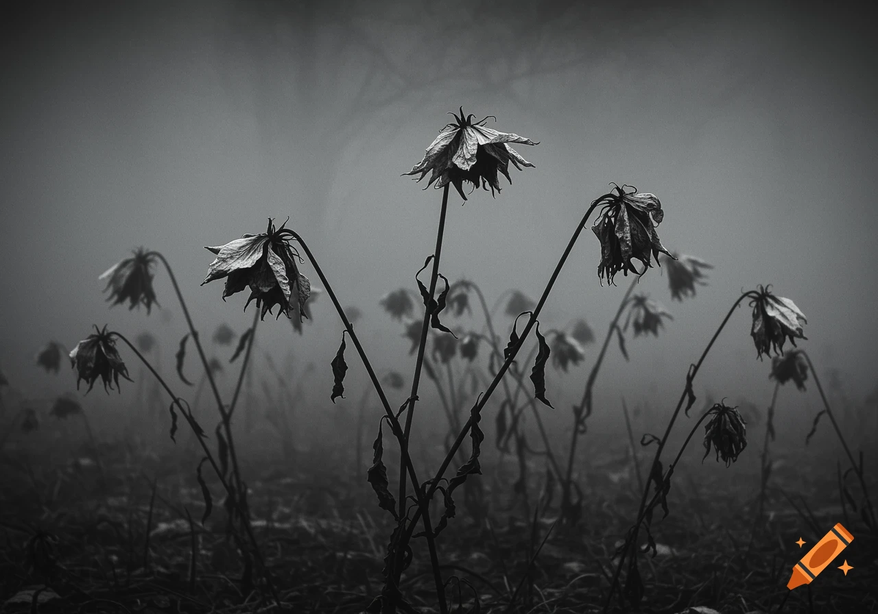 Black and white photo of withered, dry flowers standing in a misty, dark field.