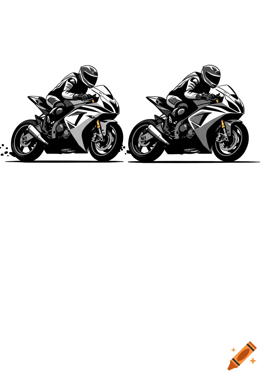 Two motorcyclists on sport bikes in a black and white stencil illustration style.