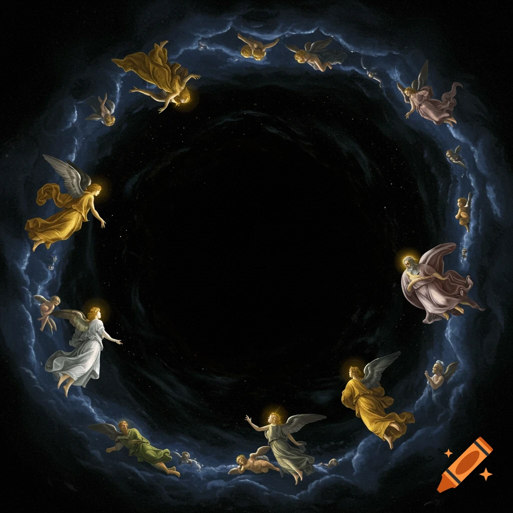 Angels with halos fly in a circle around a dark void, surrounded by clouds and stars, in a biblical art style.