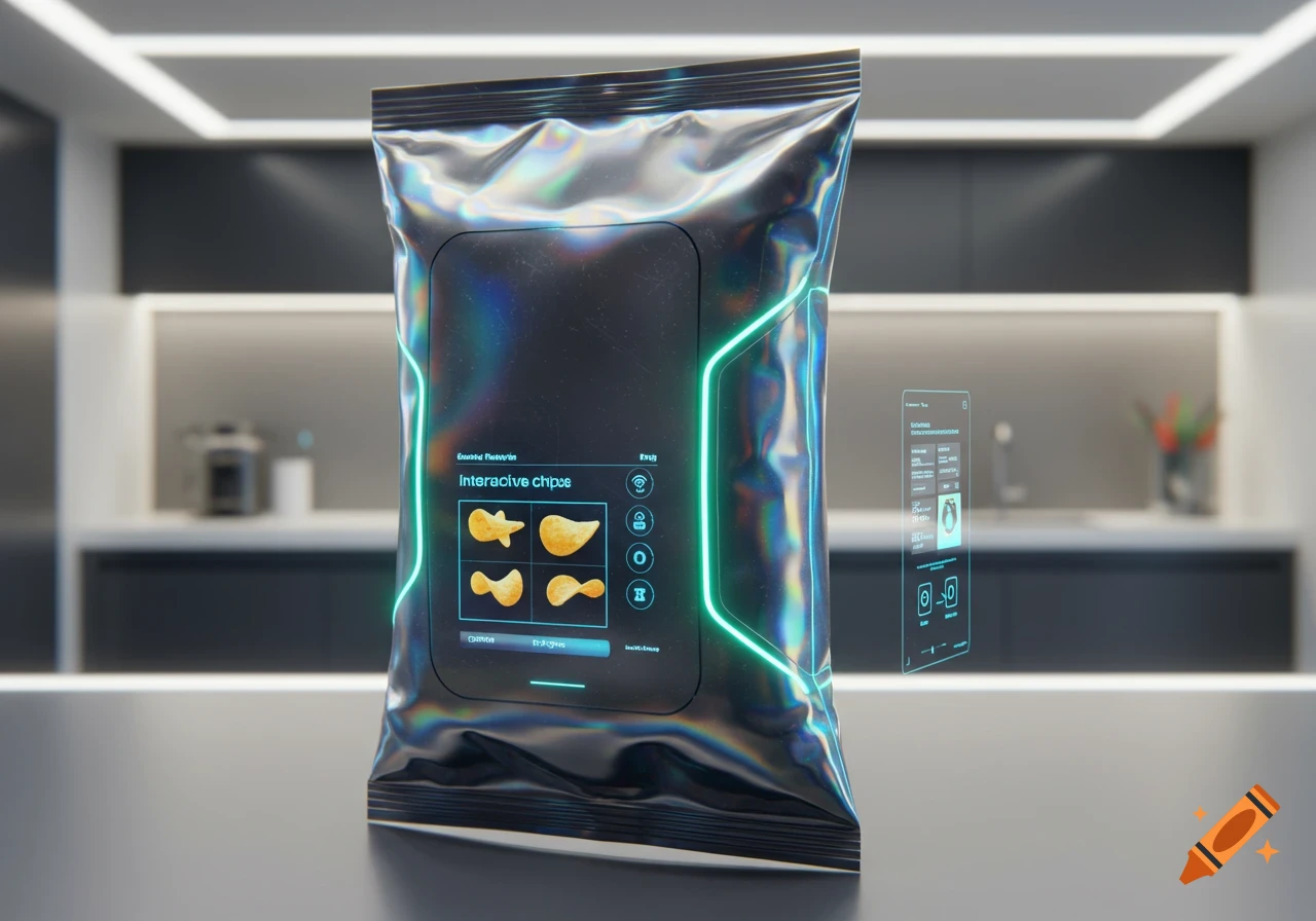A shiny, metallic futuristic chip bag with a holographic screen displaying 'Interactive chipss' and chip shapes, in a modern kitchen setting.