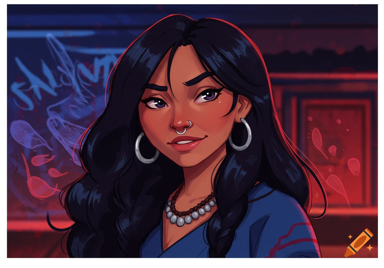 A stylized cartoon portrait of a woman with long dark wavy hair, a nose piercing, and hoop earrings, against a blurry graffiti background.