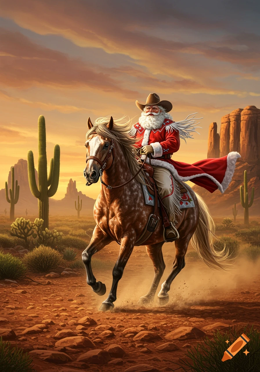 Cowboy Santa Claus rides a horse through a desert landscape with saguaro cacti and rock formations at sunset.