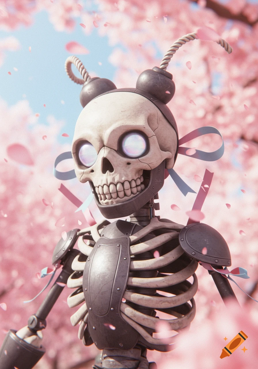 A skeleton robot with shiny eyes and bomb-like head buns, wearing metal armor, stands among falling pink cherry blossom petals in a soft anime style.