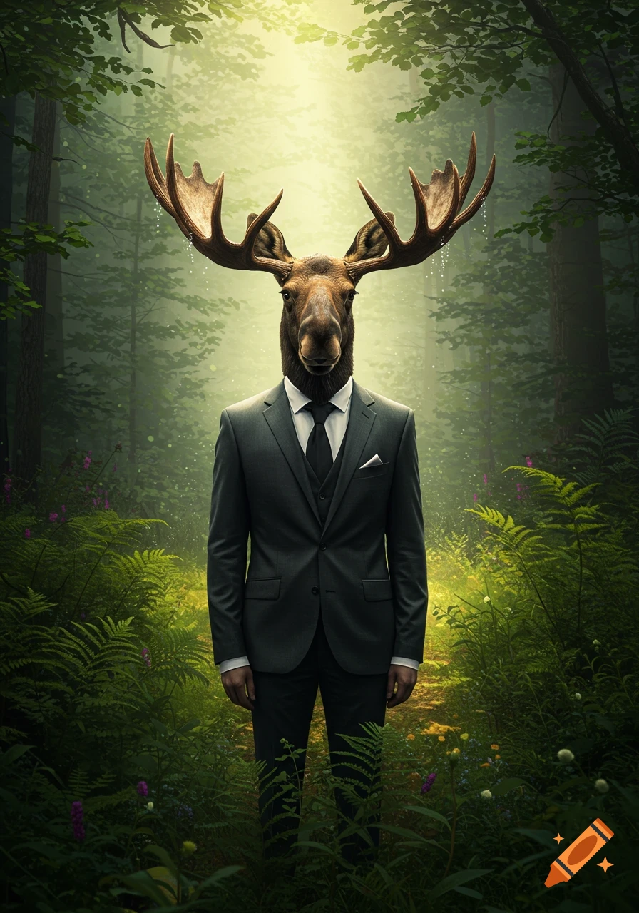 A photorealistic image of a moose head on a human body dressed in a dark suit, standing in a sunlit forest.