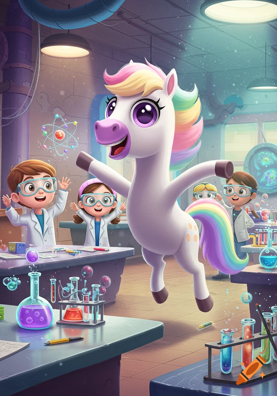 A cartoon unicorn with a rainbow mane and tail floats in a science lab with smiling children in lab coats and goggles.