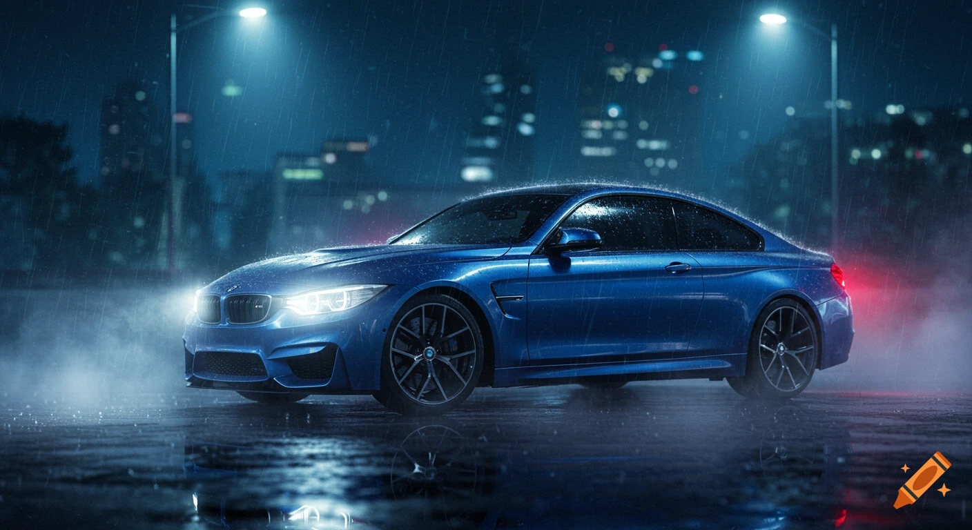 A blue BMW M4 is parked on a wet street at night, with rain falling and city lights blurred in the background.