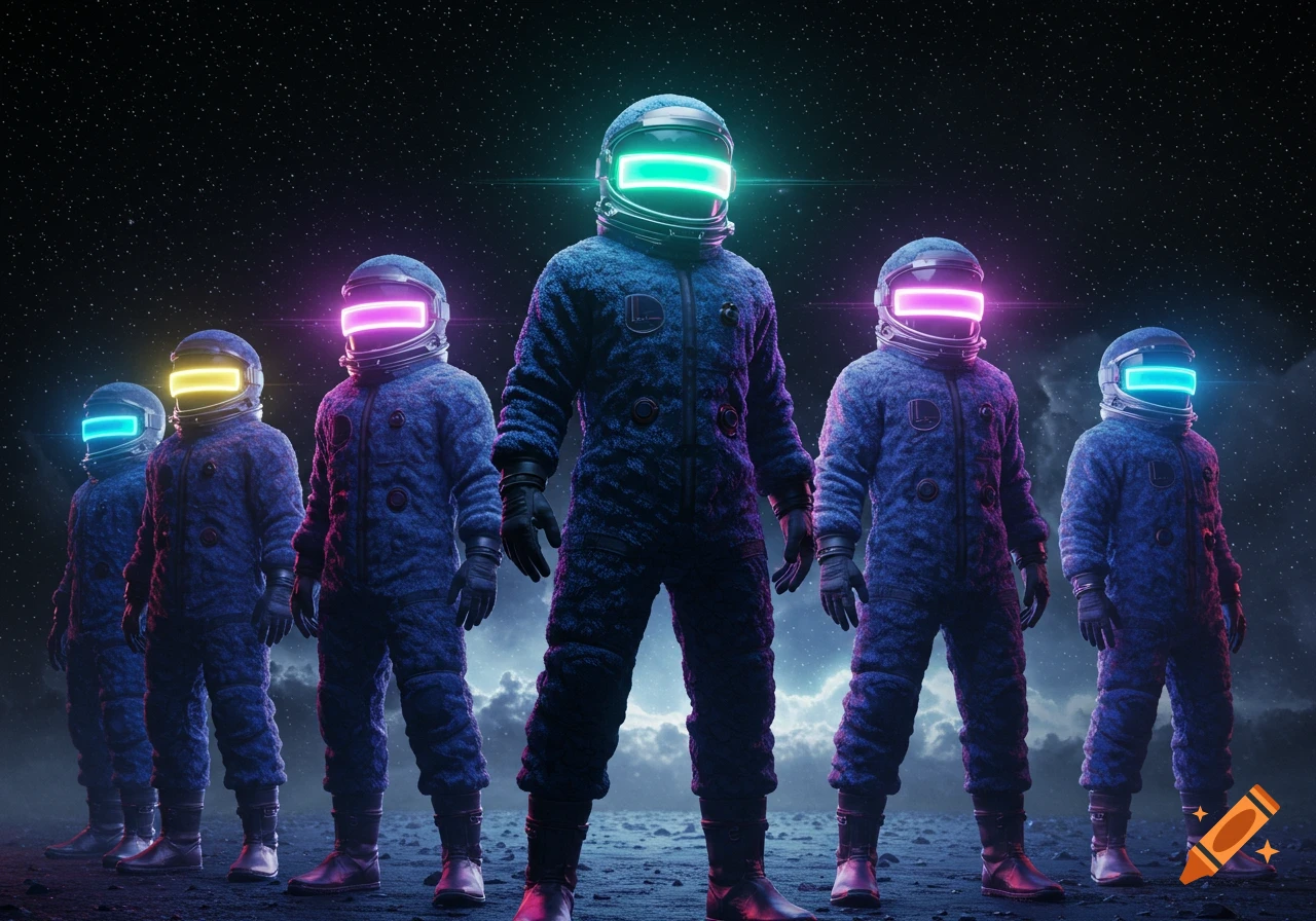 A line of astronauts in fuzzy blue suits with bright glowing visors of different colors, standing on a dark, rocky planetary surface under a starry sky.
