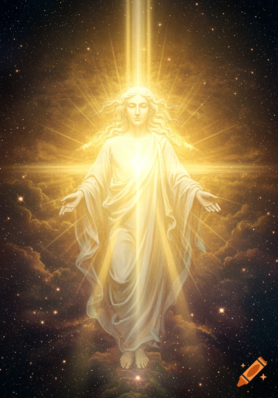 A radiant figure in white robes stands in a celestial, starry sky, bathed in golden light, appearing as a spiritual painting.