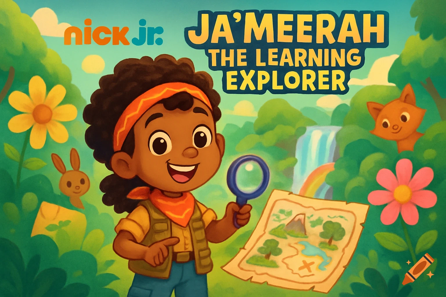 A cartoon child explorer with a magnifying glass and map in a vibrant forest. Text 'Nick Jr. Ja'Meerah The Learning Explorer'.