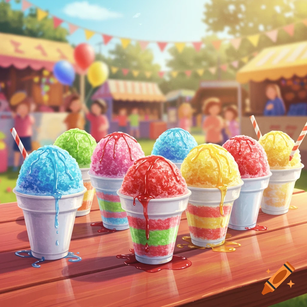 Multiple colorful, melting snow cones on a wooden table at a bustling outdoor fair, illustrated in a bright style.
