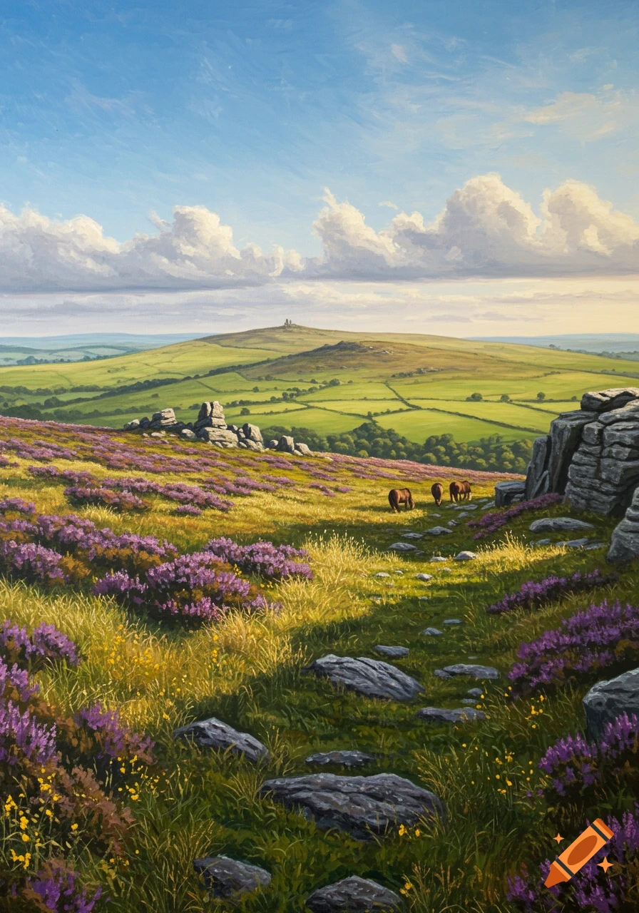 A vibrant painting of a moorland landscape with purple heather, green fields, large rocks, and a few horses under a blue sky.