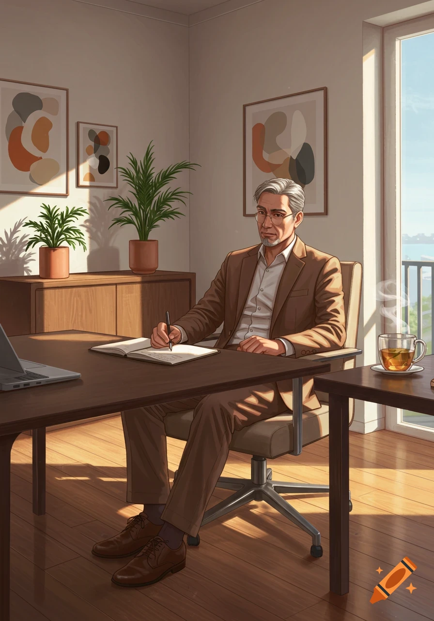 A distinguished man sits at a desk in a sunny modern office, writing in a notebook.