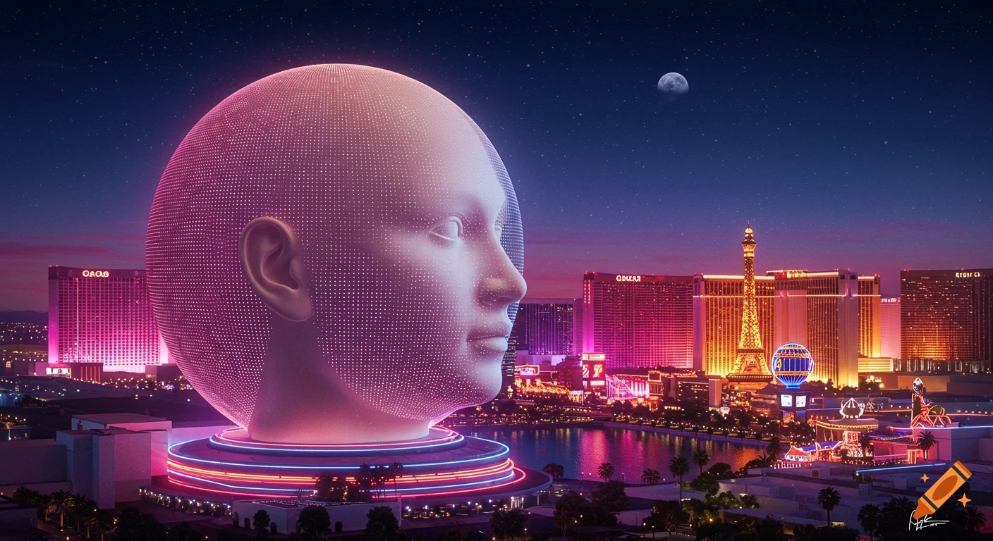 A giant, glowing grid-patterned bald head sculpture overlooks a brightly lit futuristic Las Vegas cityscape at night under a starry sky.