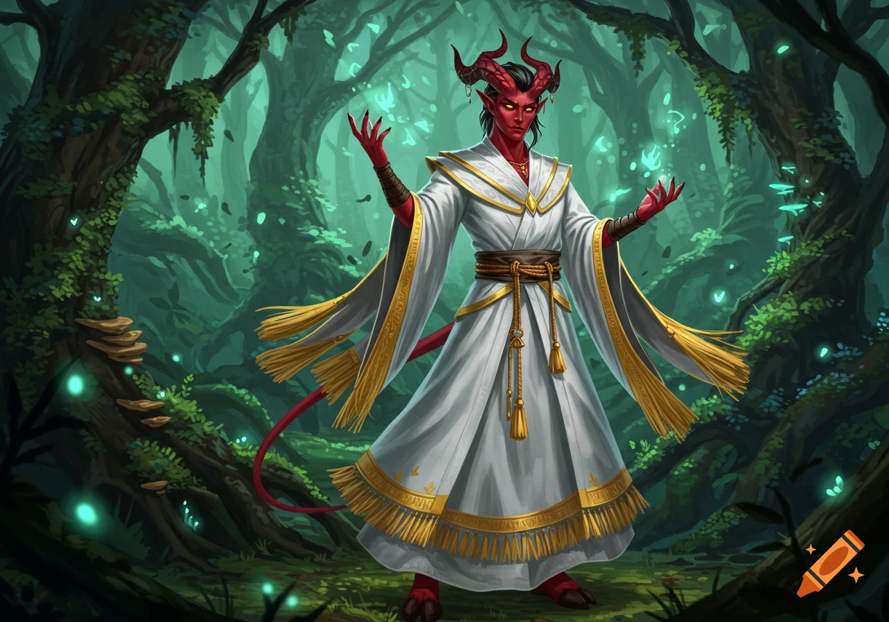 A red-skinned Tiefling warlock in white and gold robes casting magic in a glowing green forest, digital painting.