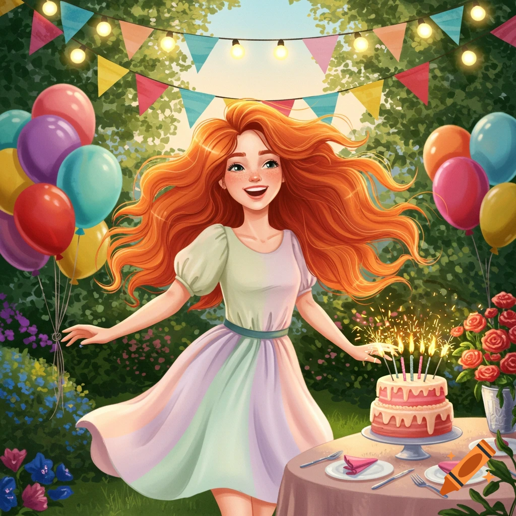 A cheerful girl with long red hair celebrates her birthday in a vibrant garden with balloons and a sparkling cake. Digital illustration.