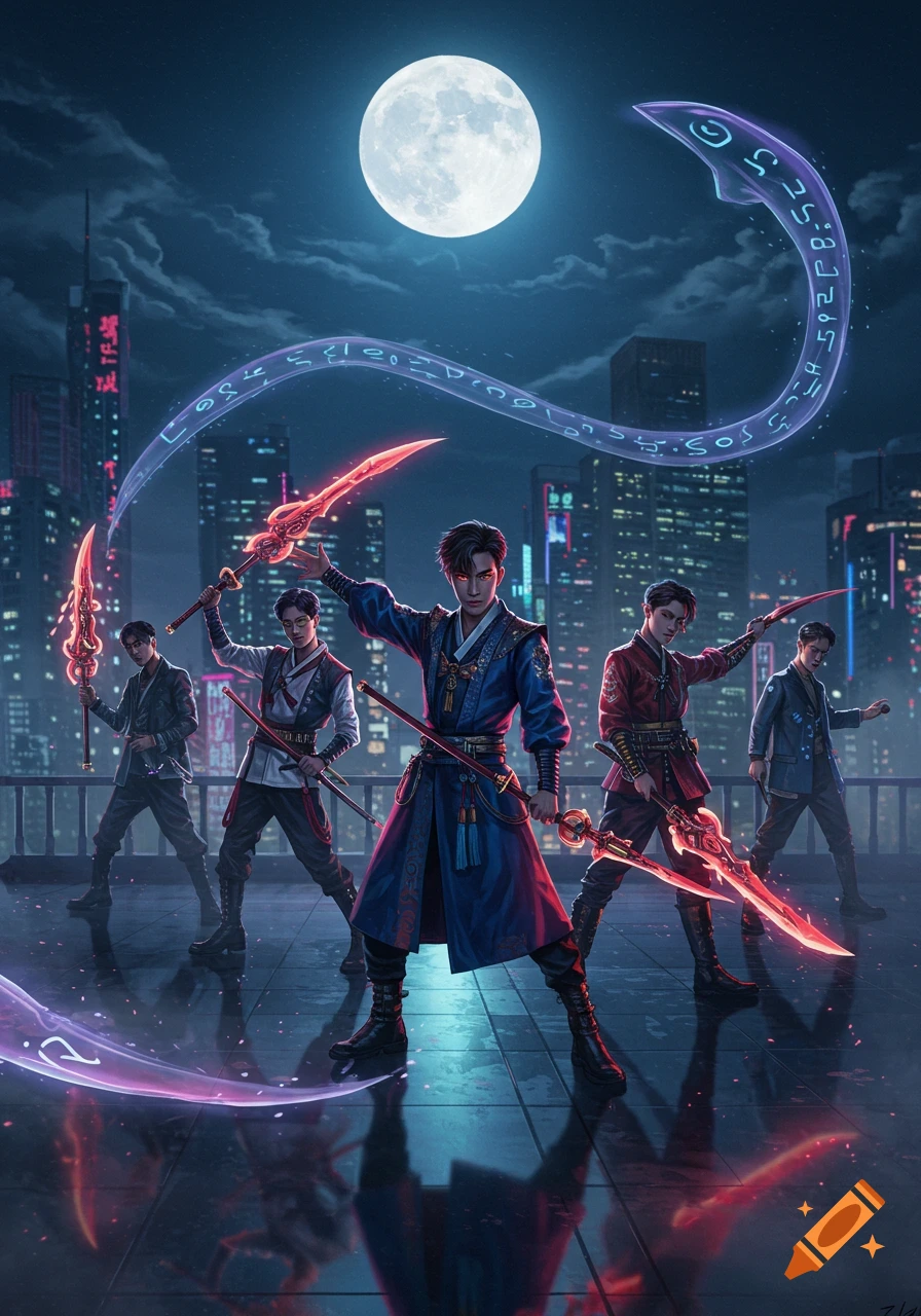 Five K-pop style demon hunters on a rooftop at night with glowing swords and magic runes over a city skyline and full moon.