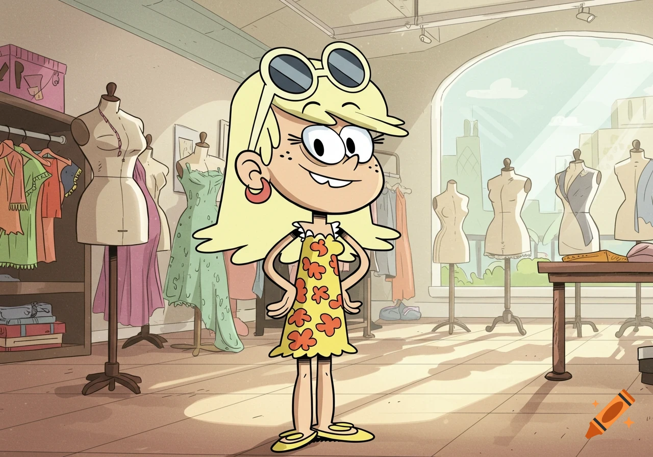 A cartoon girl with blonde hair and sunglasses on her head, wearing a yellow floral dress, stands in a clothing store.