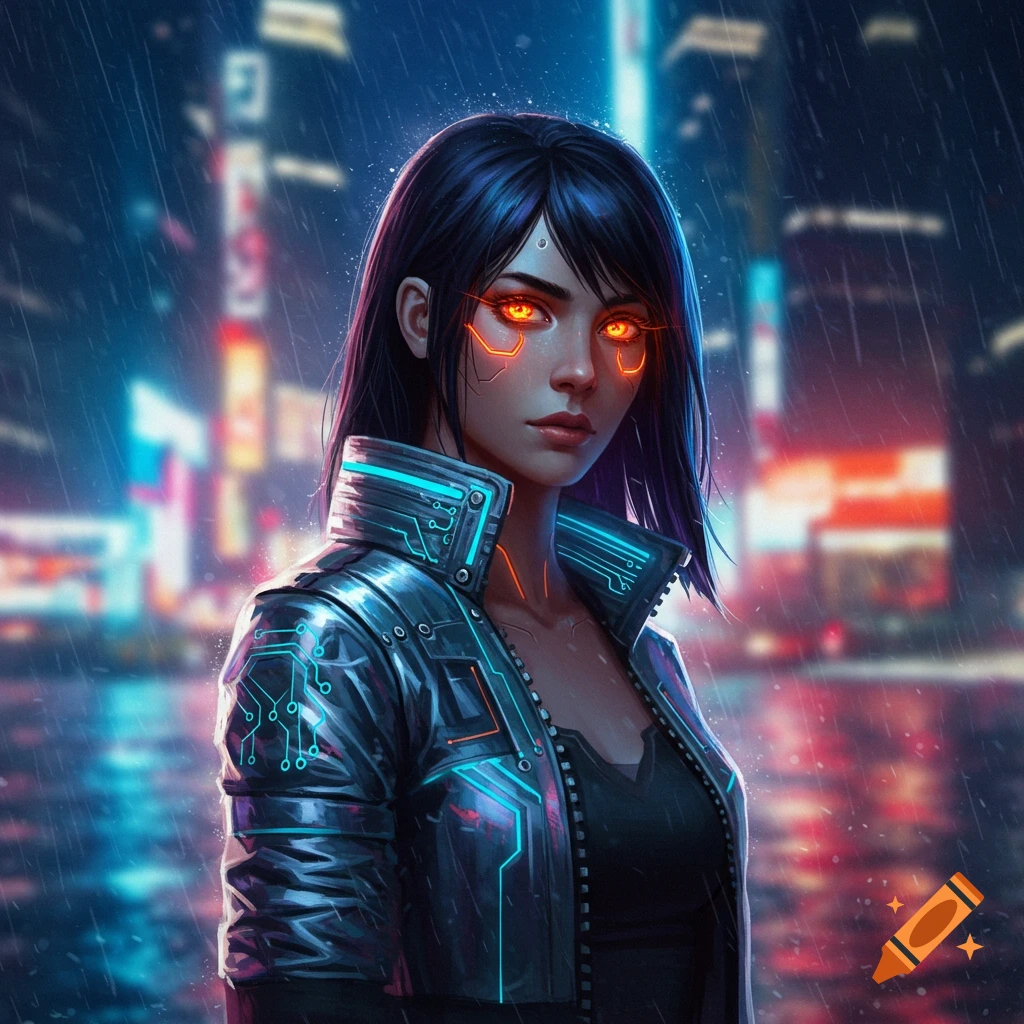 A young cyberpunk woman with glowing orange eyes and circuit patterns on her jacket, standing in a rainy futuristic city at night.