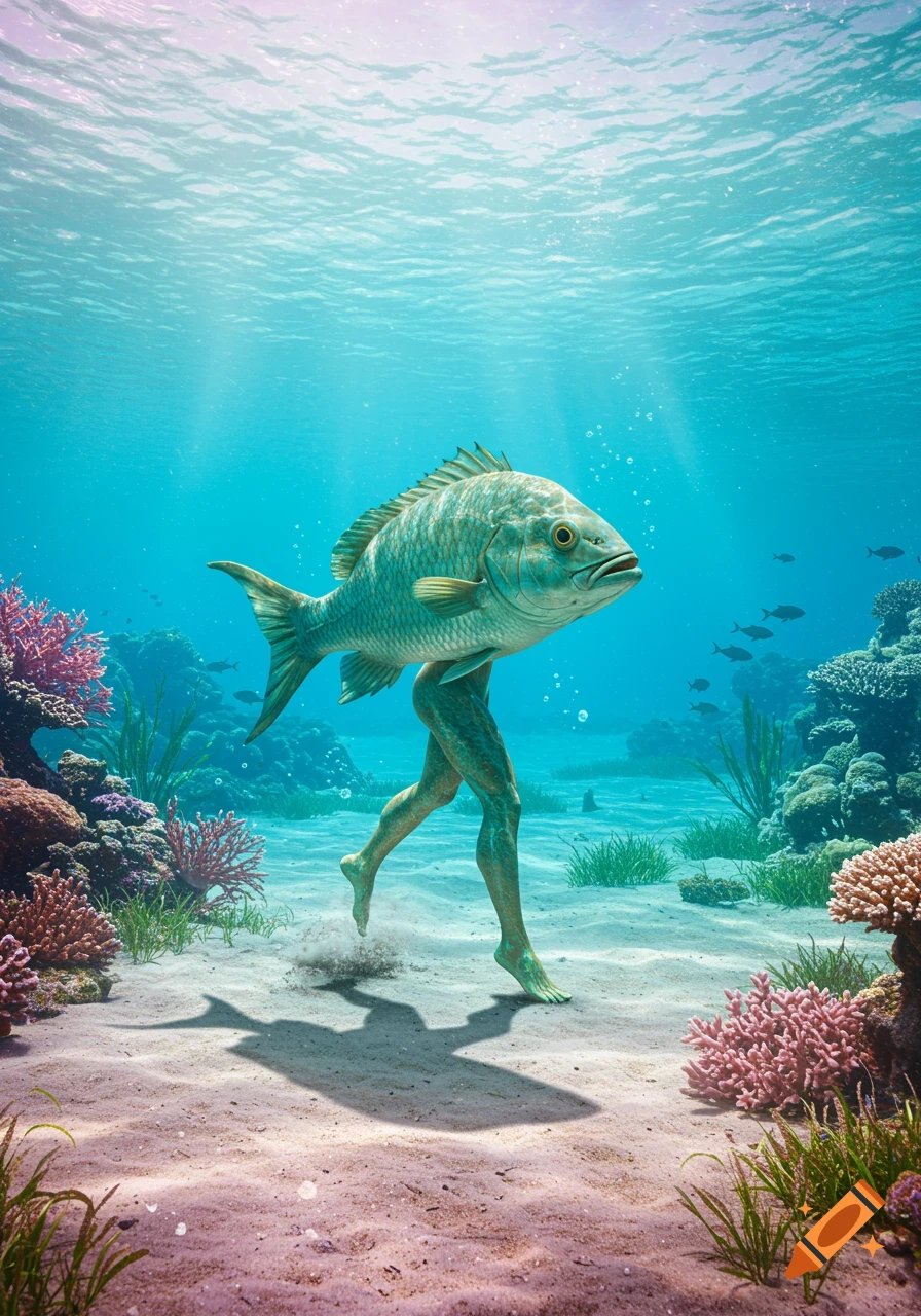 A large fish with human legs walks on the sandy ocean floor surrounded by coral reefs and dappled sunlight.