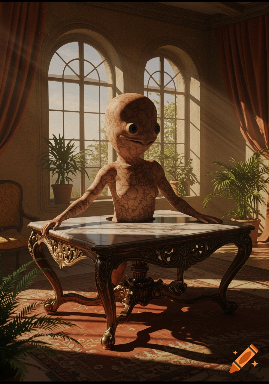 A surreal, creature-like figure with a textured body and large eyes emerges from a fancy marble table in a sunlit room.