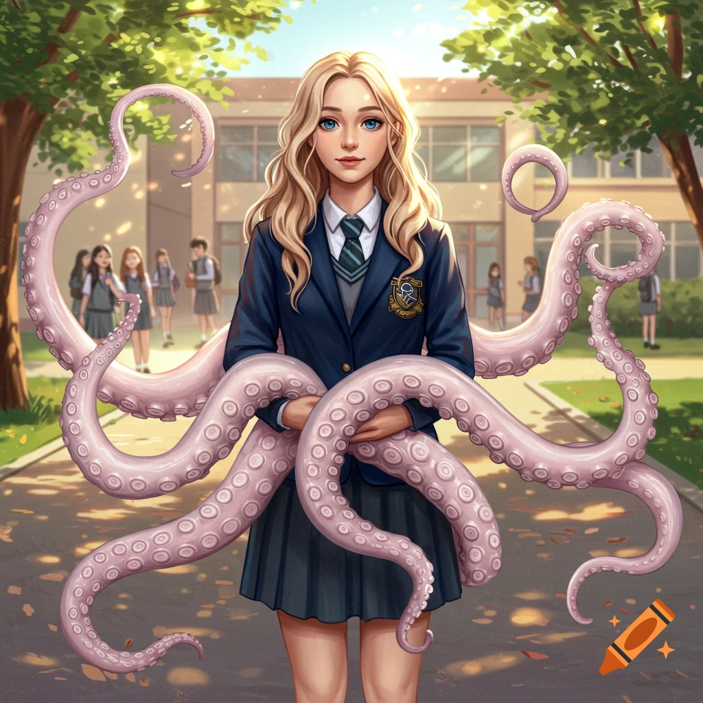 An anime-style girl with blonde hair and blue eyes in a school uniform holds pink tentacles, standing in front of a school building on a sunny day.